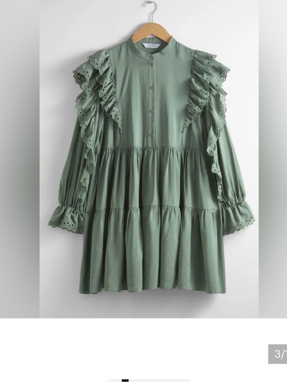 & Other Stories Sage Green Ruffle-Tiered Long Sleeve Mini Dress